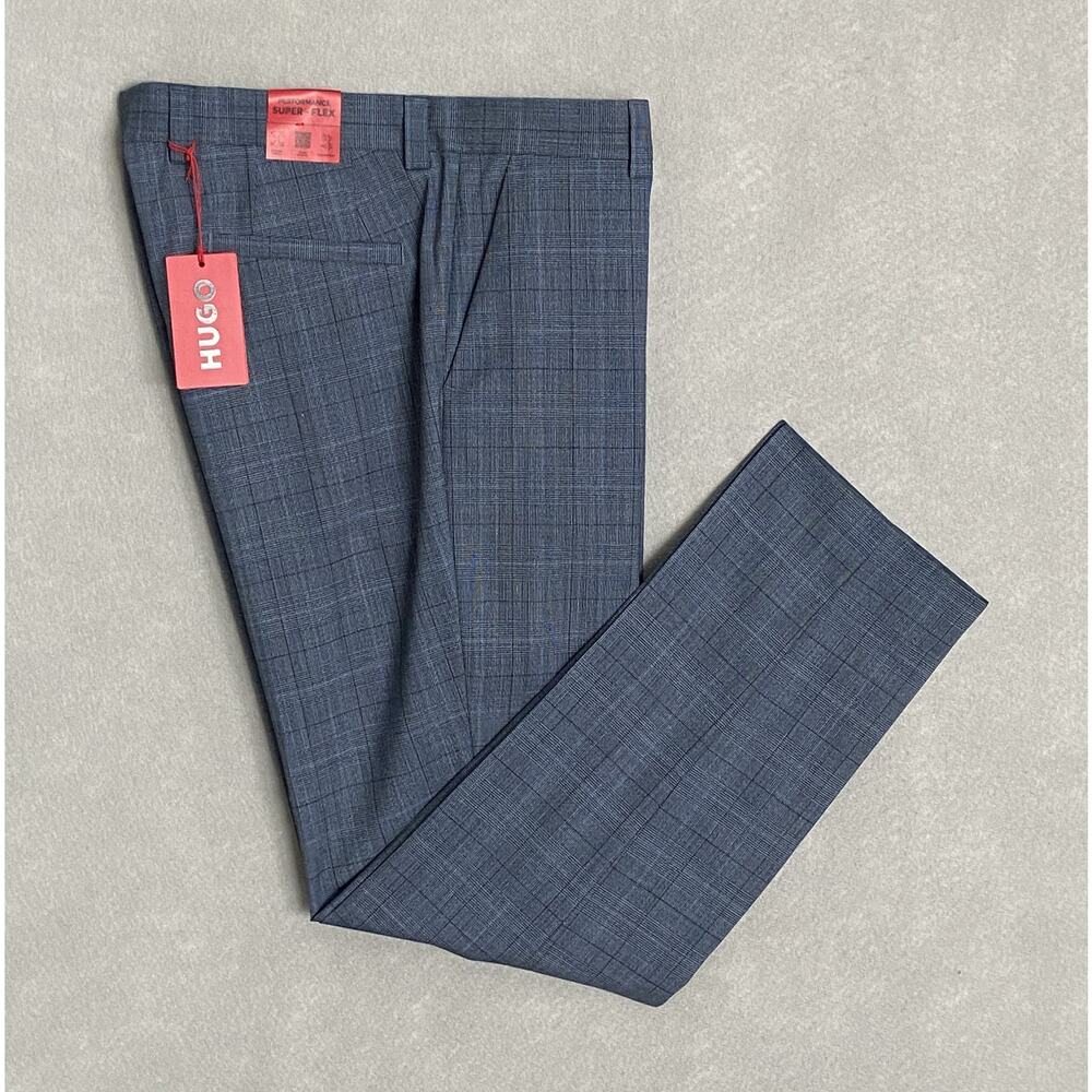 Hugo Boss Men's 40x31 Dress Pant Modern Fit Virgin Wool Stretch Blue Plaid NEW